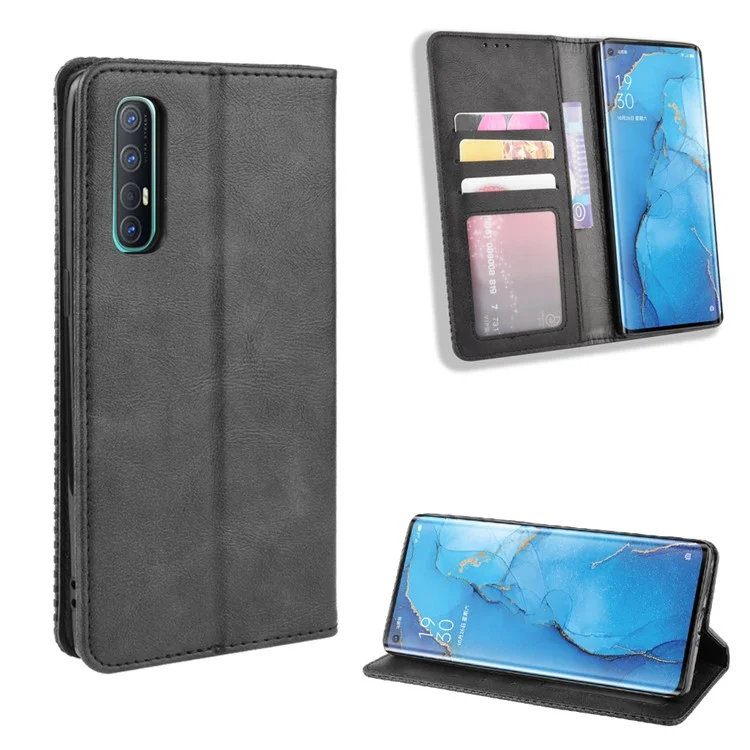 Vintage Style Leather Wallet Case with Stand for Oppo Reno3 Pro 5G - Black-Cellmalls