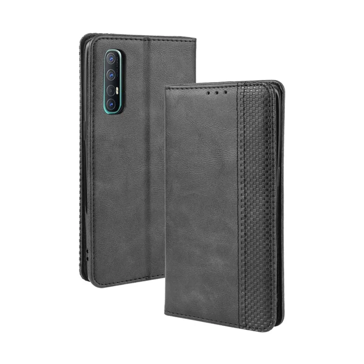 Vintage Style Leather Wallet Case with Stand for Oppo Reno3 Pro 5G - Black-Cellmalls