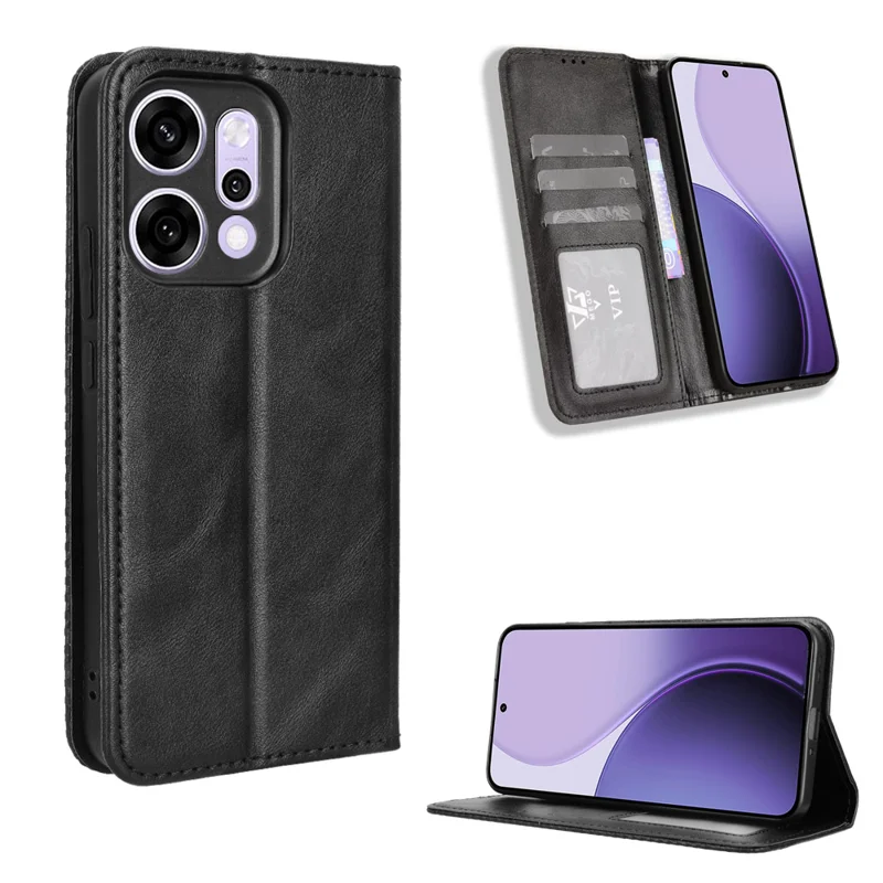 For Oppo Reno14 Pro 5G (Global) Leather Case Wallet Stand Retro Texture Phone Cover - Black-Cellmalls