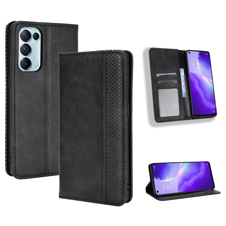 Retro Style Auto-absorbed Leather Wallet Stand Phone Shell Full Protection for Oppo Reno5 5G - Black-Cellmalls