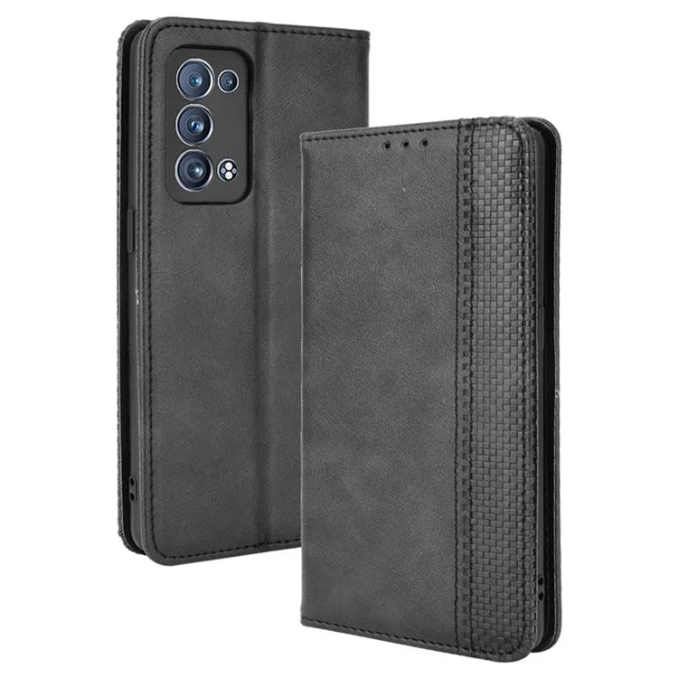 Wallet Stand Design Vintage Style Magnetic Auto-absorbed Leather Phone Case for Oppo Reno6 Pro+ 5G/Pro 5G (Snapdragon) - Black-Cellmalls