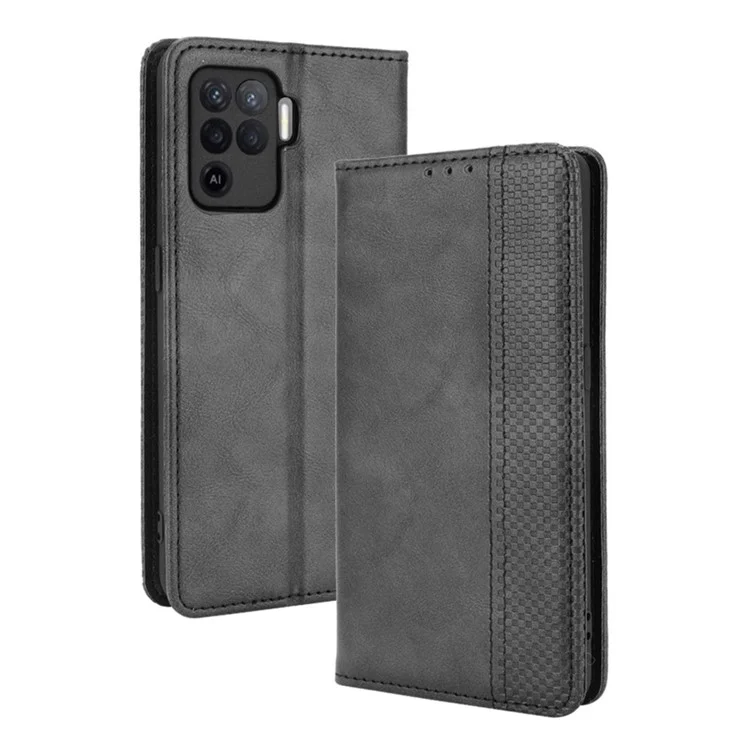 Vintage Style Leather Wallet Case for OPPO A94 4G/F19 Pro 4G/Reno5 F - Black-Cellmalls