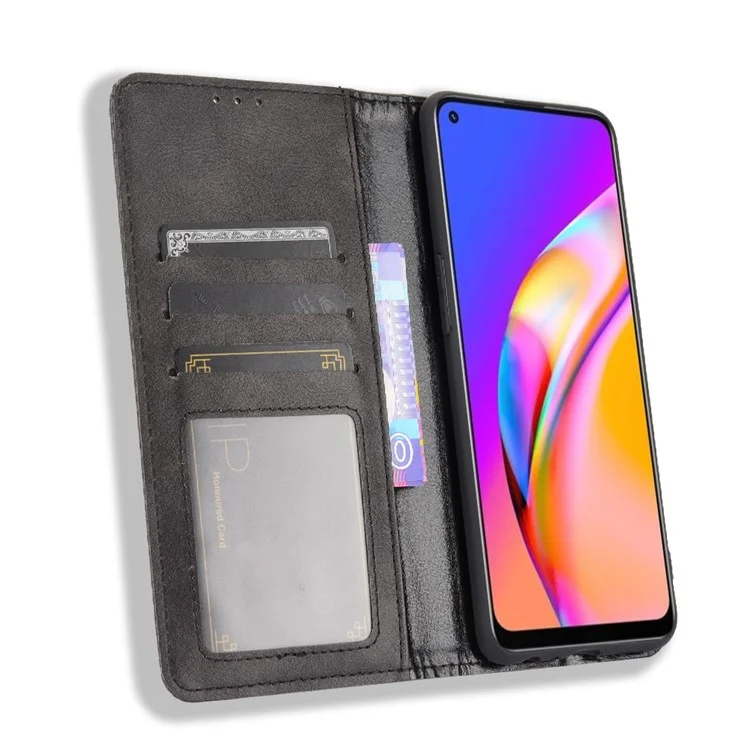 Vintage Style Leather Wallet Case for OPPO A94 4G/F19 Pro 4G/Reno5 F - Black-Cellmalls
