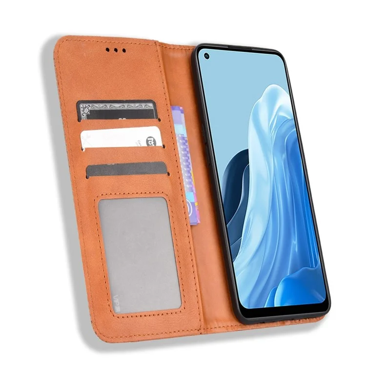For Oppo Reno7 4G / F21 Pro 4G / Reno8 4G Retro Wallet Flip Cover PU Leather TPU Inner Shell Auto Closing Magnetic Stand Folio Full Protection Cover - Brown-Cellmalls