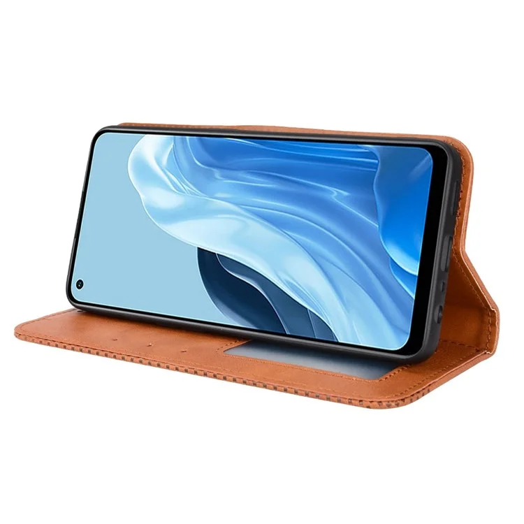 For Oppo Reno7 4G / F21 Pro 4G / Reno8 4G Retro Wallet Flip Cover PU Leather TPU Inner Shell Auto Closing Magnetic Stand Folio Full Protection Cover - Brown-Cellmalls