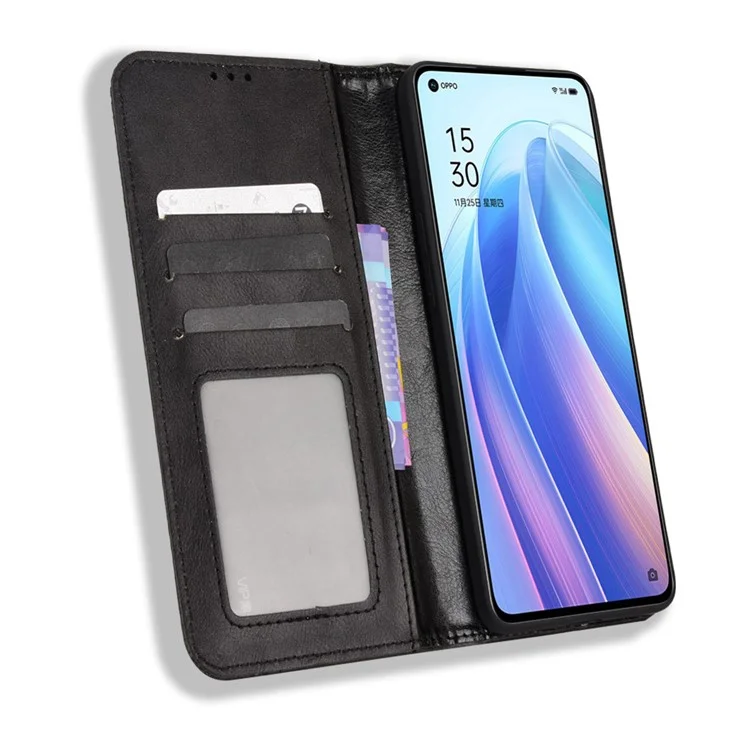 For Oppo Reno7 Pro 5G Magnetic Folio Flip Wallet Stand Retro Style Imprinted Case Leather Phone Cover - Black-Cellmalls