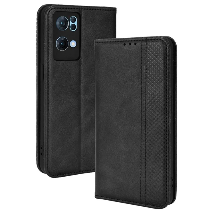 For Oppo Reno7 Pro 5G Magnetic Folio Flip Wallet Stand Retro Style Imprinted Case Leather Phone Cover - Black-Cellmalls