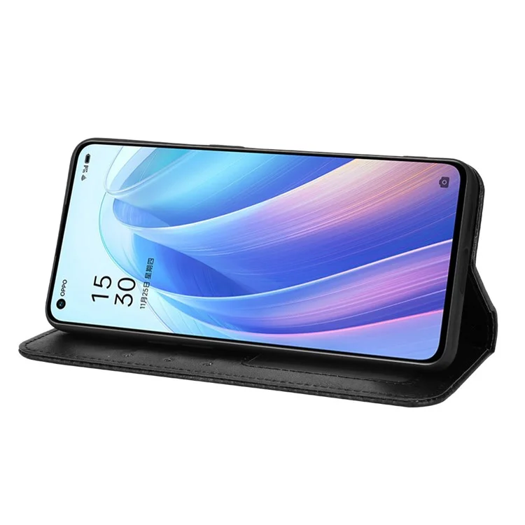 For Oppo Reno7 Pro 5G Magnetic Folio Flip Wallet Stand Retro Style Imprinted Case Leather Phone Cover - Black-Cellmalls