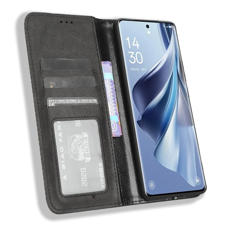 Stand Wallet for Oppo Reno10 Pro+ 5G Anti-fall Retro Mobile Phone Cover PU Leather Magnetic Case - Black-Cellmalls