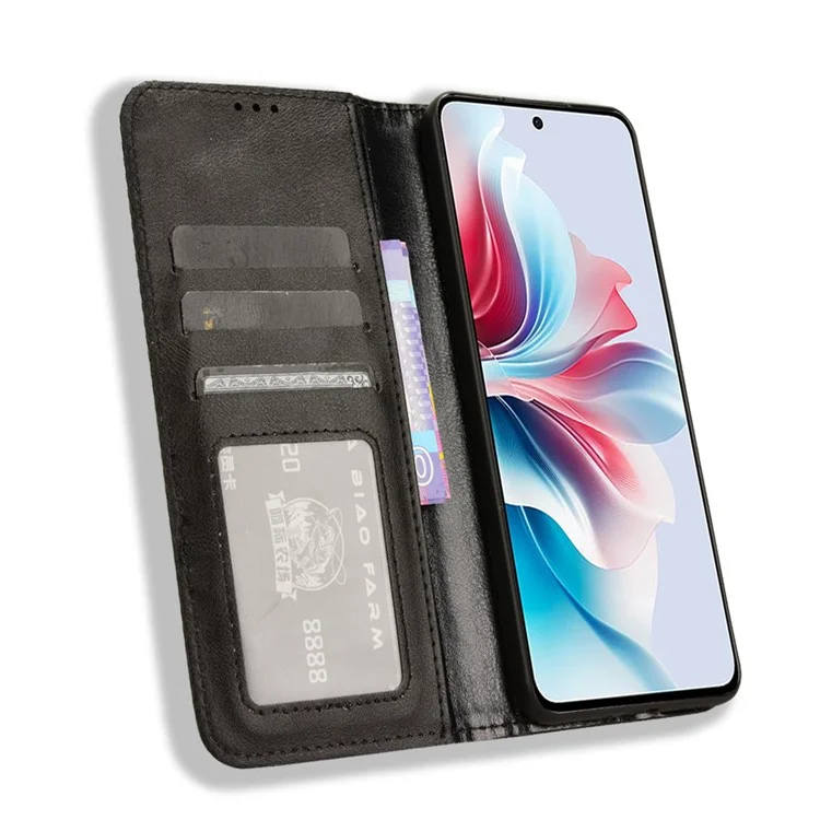 For Oppo Reno11 F 5G / F25 Pro 5G Wallet Case Retro PU Leather Phone Cover Magnetic Closing - Black-Cellmalls