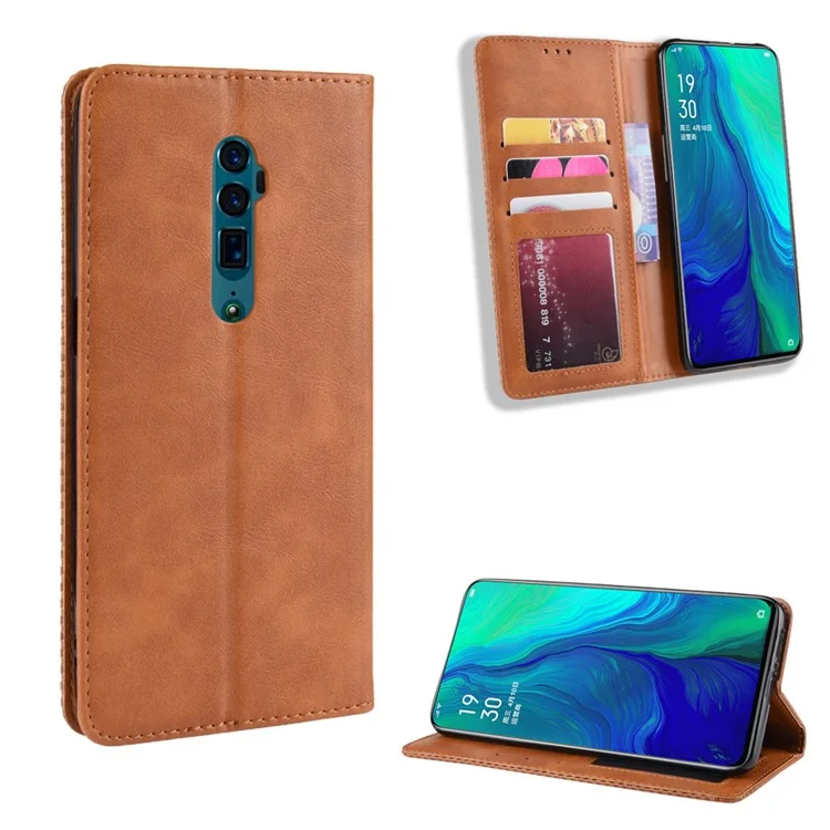 Auto-absorbed Vintage Leather Wallet Hollow Out Phone Cover for Oppo Reno 5G / Reno 10x Zoom - Brown-Cellmalls