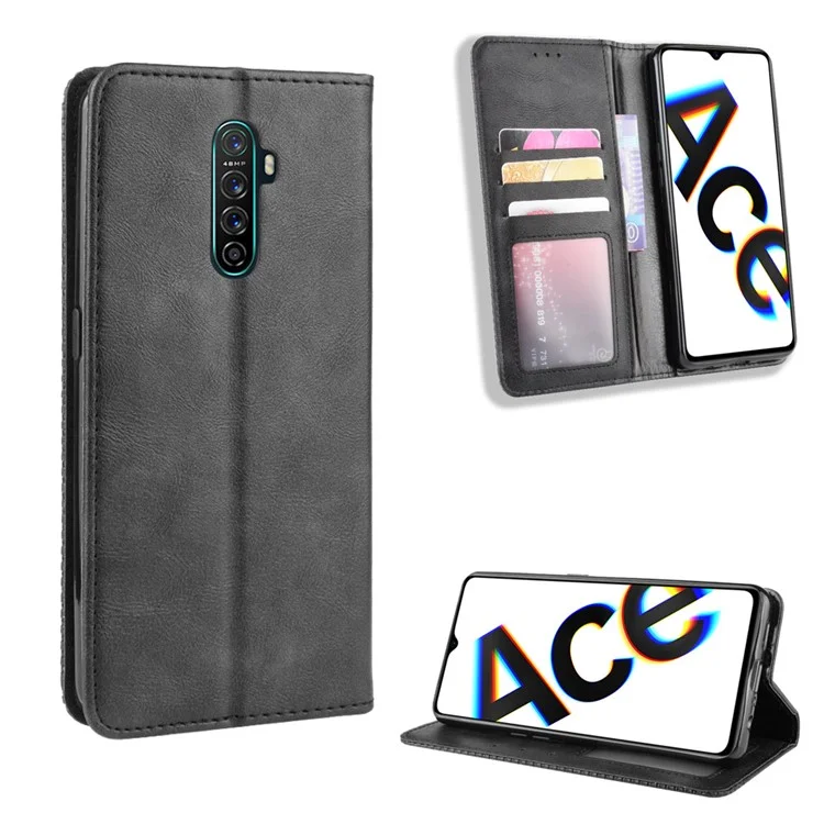 Vintage Style Stand Leather Wallet Case for Oppo Reno Ace / Realme X2 Pro - Black-Cellmalls