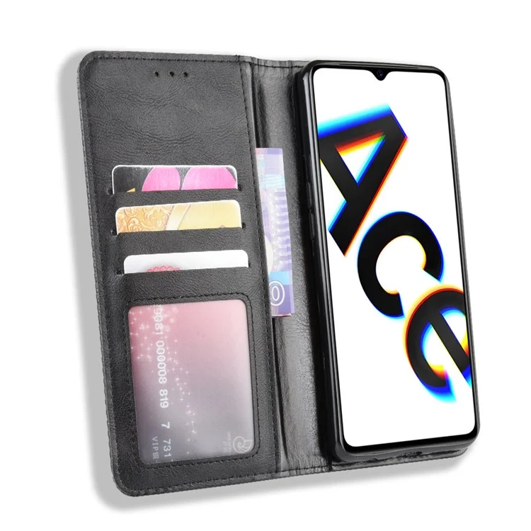 Vintage Style Stand Leather Wallet Case for Oppo Reno Ace / Realme X2 Pro - Black-Cellmalls