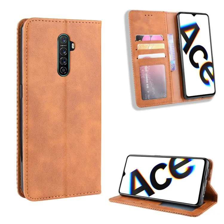 Vintage Style Stand Leather Wallet Case for Oppo Reno Ace / Realme X2 Pro - Black-Cellmalls