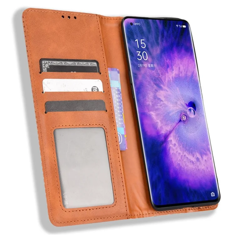For Oppo Find X5 Retro Leather Smooth Protective Phone Cover Mosaic Imprinted Wallet Stand Magnetic Suction Folio Cover - Brown-Cellmalls