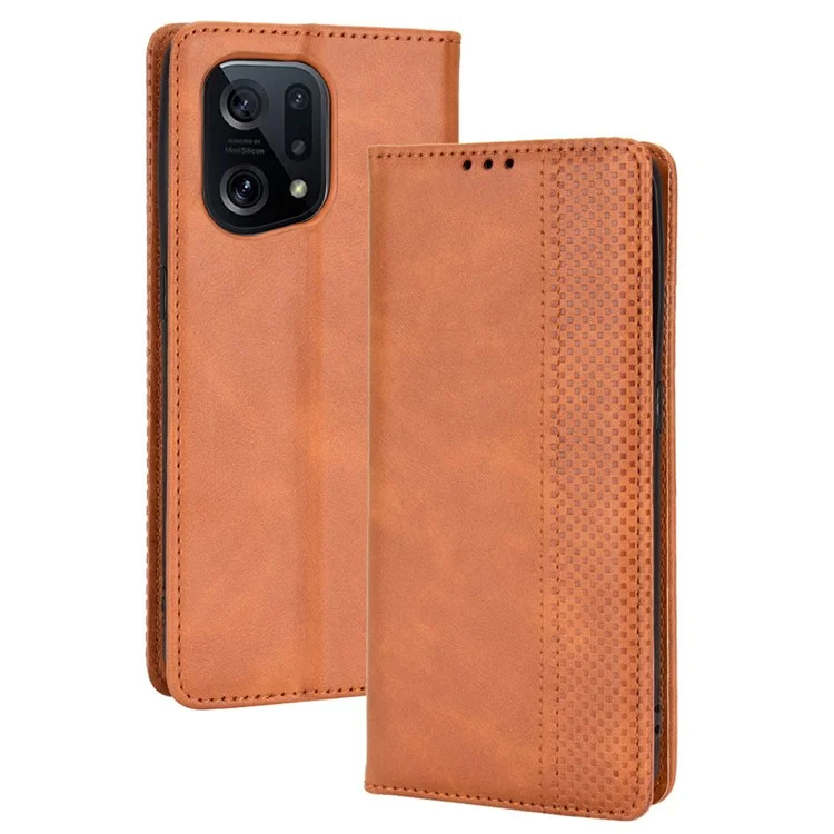 For Oppo Find X5 Retro Leather Smooth Protective Phone Cover Mosaic Imprinted Wallet Stand Magnetic Suction Folio Cover - Brown-Cellmalls