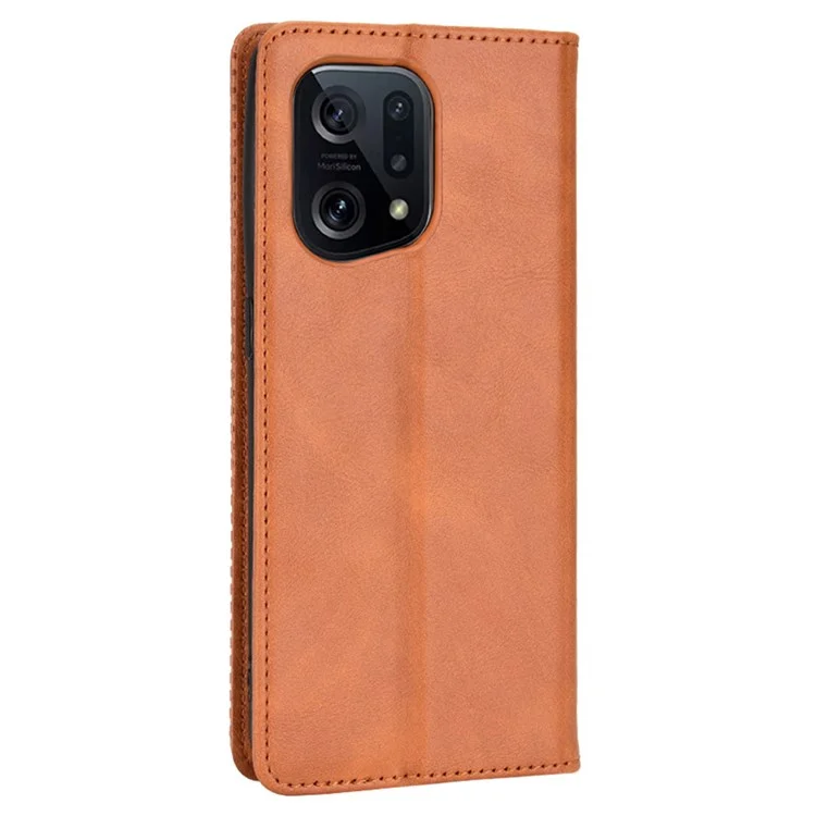 For Oppo Find X5 Retro Leather Smooth Protective Phone Cover Mosaic Imprinted Wallet Stand Magnetic Suction Folio Cover - Brown-Cellmalls