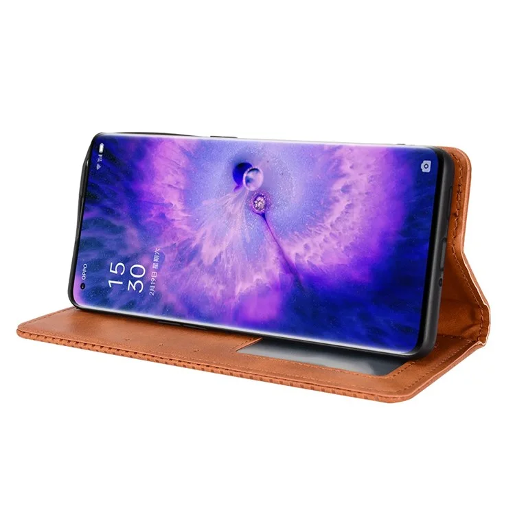 For Oppo Find X5 Retro Leather Smooth Protective Phone Cover Mosaic Imprinted Wallet Stand Magnetic Suction Folio Cover - Brown-Cellmalls