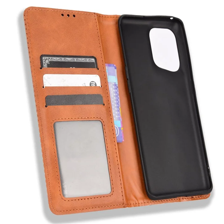 For Oppo Find X5 Retro Leather Smooth Protective Phone Cover Mosaic Imprinted Wallet Stand Magnetic Suction Folio Cover - Brown-Cellmalls