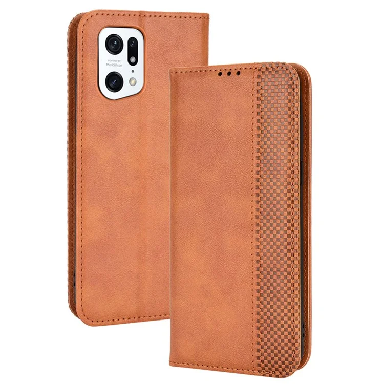 For Oppo Find X5 Pro Retro PU Leather Wallet Flip Cover Mosaic Imprinted Auto Magnetic Closed Stand Function Folio TPU Inner Shell - Brown-Cellmalls