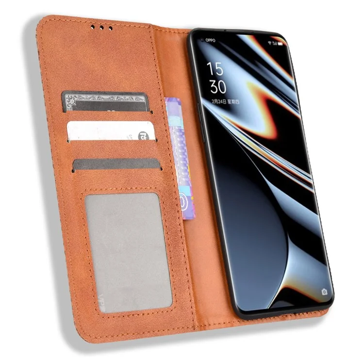 For Oppo Find X5 Pro Retro PU Leather Wallet Flip Cover Mosaic Imprinted Auto Magnetic Closed Stand Function Folio TPU Inner Shell - Brown-Cellmalls