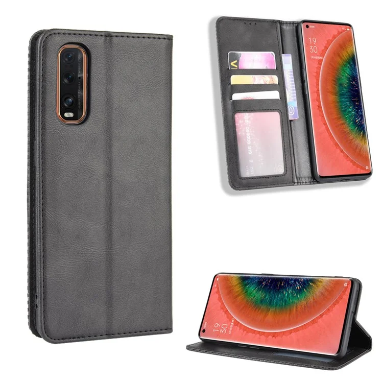 Vintage Style Leather Wallet Stand Cover Case for Oppo Find X2 - Black-Cellmalls