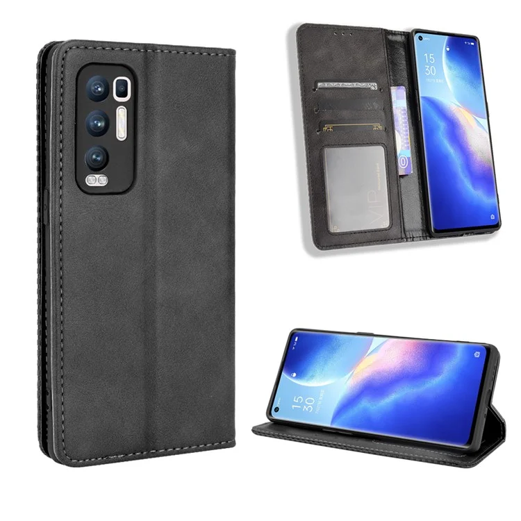 Vintage Style PU Leather Wallet Case for OPPO Reno5 Pro Plus/Find X3 Neo - Black-Cellmalls