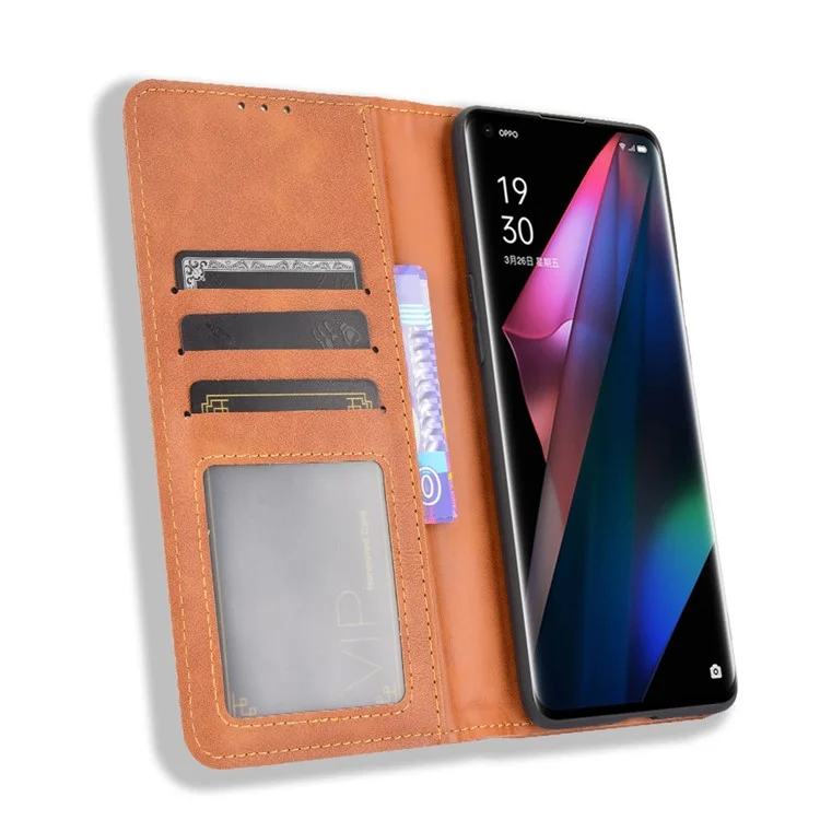 Magnetic Vintage Style Phone Case Wallet Stand Leather Cover for Oppo Find X3 / X3 Pro - Brown-Cellmalls