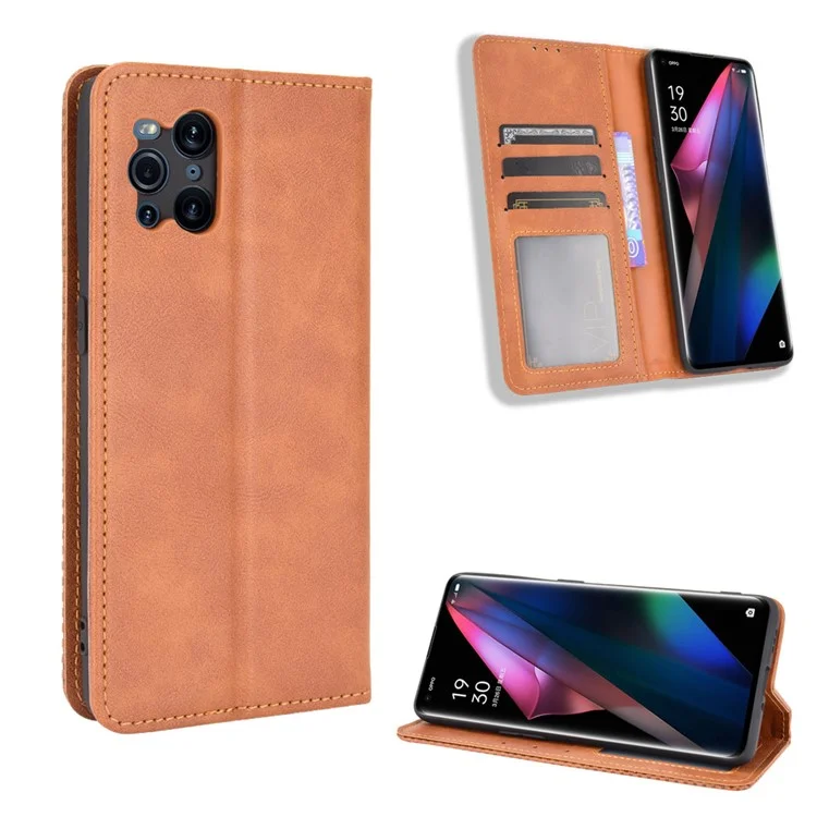 Magnetic Vintage Style Phone Case Wallet Stand Leather Cover for Oppo Find X3 / X3 Pro - Brown-Cellmalls