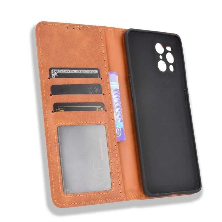 Magnetic Vintage Style Phone Case Wallet Stand Leather Cover for Oppo Find X3 / X3 Pro - Brown-Cellmalls