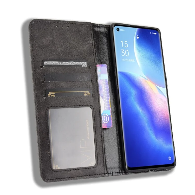 Vintage Style PU Leather Wallet Case for OPPO Reno5 Pro Plus/Find X3 Neo - Black-Cellmalls