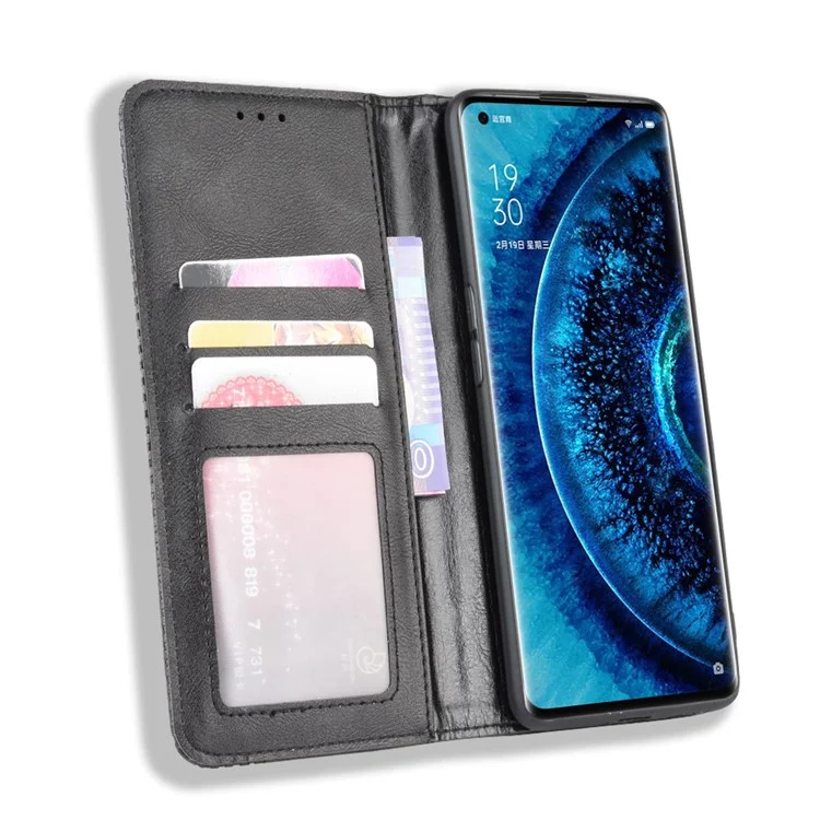 Vintage Style Leather Wallet Case for Oppo Find X2 Pro - Black-Cellmalls