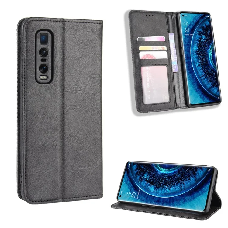 Vintage Style Leather Wallet Case for Oppo Find X2 Pro - Black-Cellmalls