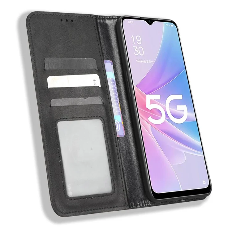 For Oppo A58 5G Imprinted Pattern PU Leather Shockproof Phone Case Wallet Stand Retro Texture Magnetic Closure Anti-scratch Phone Cover - Black-Cellmalls