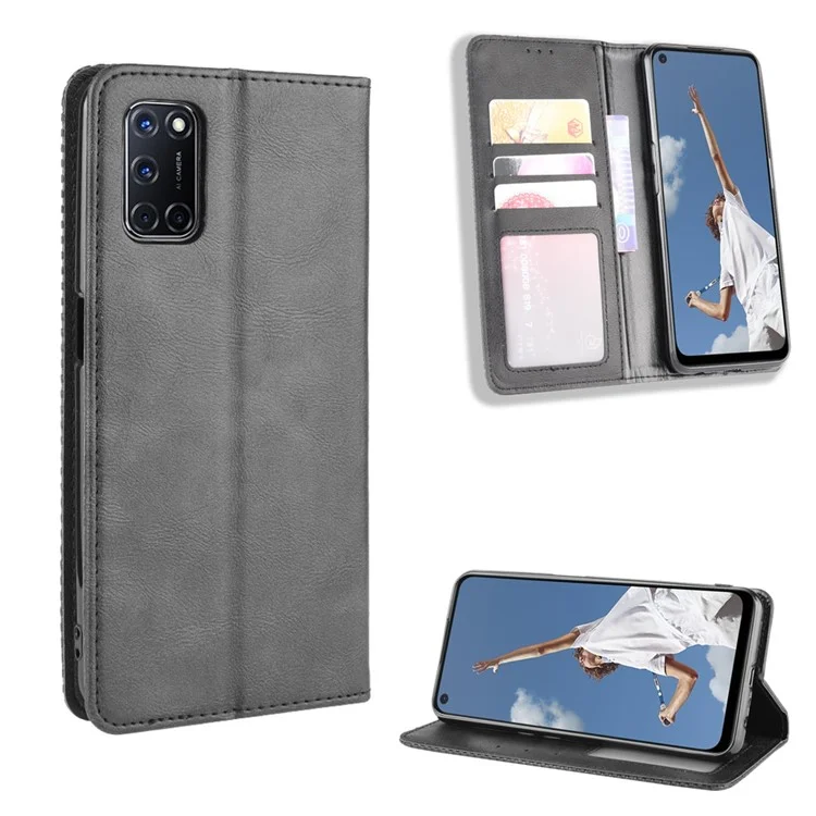 Auto-absorbed Retro PU Leather Wallet Phone Shell for OPPO A52/A72/A92 - Black-Cellmalls