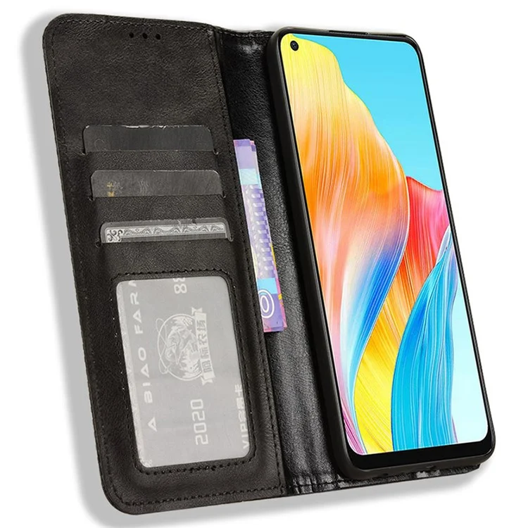 Stand Wallet Phone Case for Oppo A78 4G , Retro PU Leather + TPU Protective Phone Cover - Black-Cellmalls
