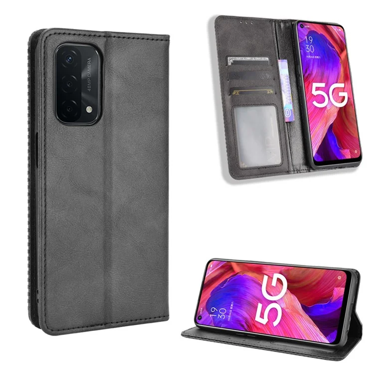 Magnetic Vintage Style Phone Case Wallet Stand Leather Cover for Oppo A93 5G / A74 5G / A54 5G - Black-Cellmalls