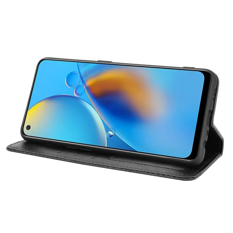 Wallet Stand Vintage Style Phone Case Magnetic Closure Leather Cover for Oppo F19/A74 4G - Black-Cellmalls