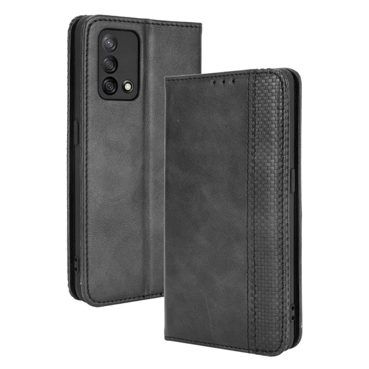 Wallet Stand Vintage Style Phone Case Magnetic Closure Leather Cover for Oppo F19/A74 4G - Black-Cellmalls