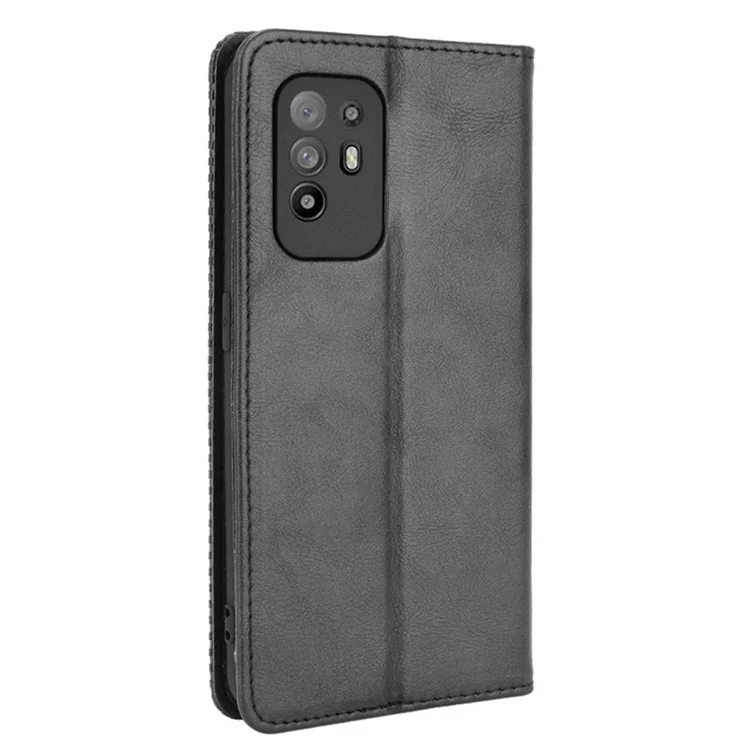 Vintage Style Magnetic Attraction Wallet Stand Phone Case Cover for Oppo A94 5G/Reno5 Z/F19 Pro+ 5G - Black-Cellmalls