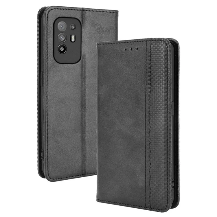 Vintage Style Magnetic Attraction Wallet Stand Phone Case Cover for Oppo A94 5G/Reno5 Z/F19 Pro+ 5G - Black-Cellmalls