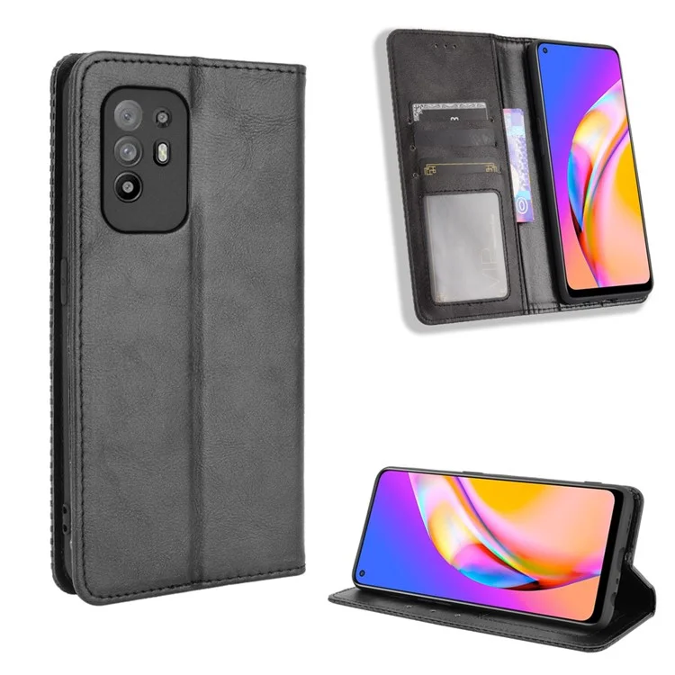 Vintage Style Magnetic Attraction Wallet Stand Phone Case Cover for Oppo A94 5G/Reno5 Z/F19 Pro+ 5G - Black-Cellmalls