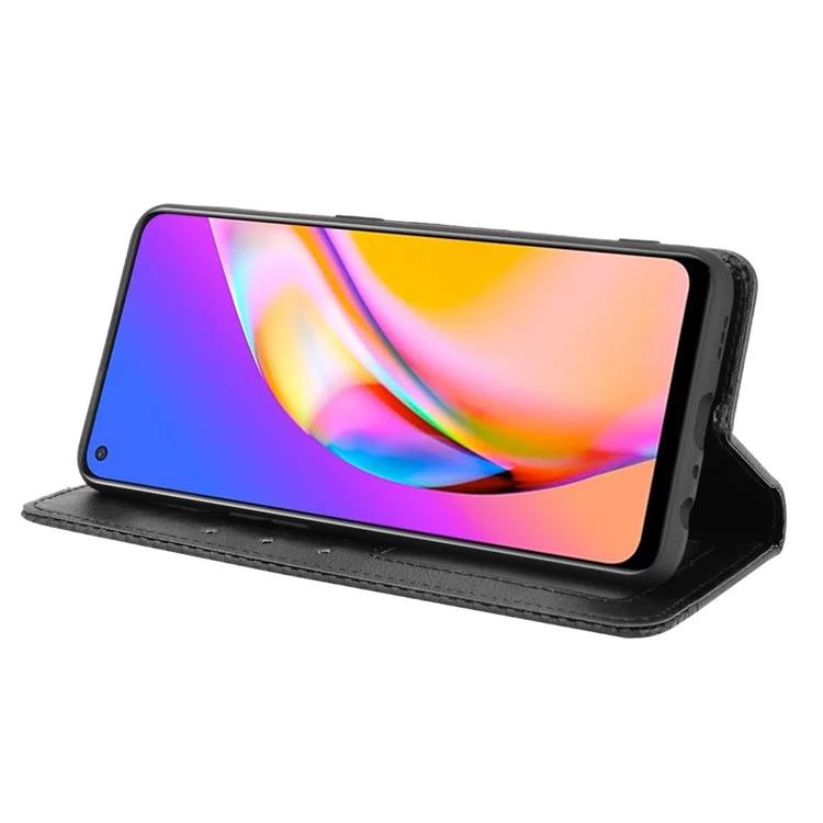 Vintage Style Magnetic Attraction Wallet Stand Phone Case Cover for Oppo A94 5G/Reno5 Z/F19 Pro+ 5G - Black-Cellmalls