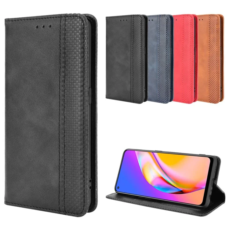 Vintage Style Magnetic Attraction Wallet Stand Phone Case Cover for Oppo A94 5G/Reno5 Z/F19 Pro+ 5G - Black-Cellmalls