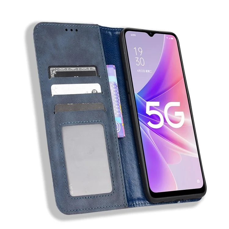 For Oppo A57 (2022) 5G / A77 5G Vintage PU Leather Wallet Case Imprinted Mosaic Hands-Free Stand Magnetic Auto Closing Flip Cover - Blue-Cellmalls