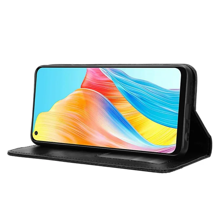 For Oppo A58 4G Wallet Phone Stand Case Retro PU Leather Anti-scratch Phone Cover - Black-Cellmalls