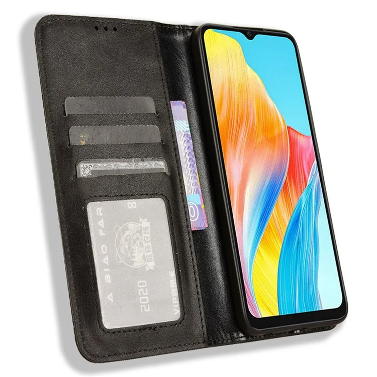 For Oppo A18 4G / A38 4G Case Retro Leather Wallet Folding Stand Cell Phone Cover - Black-Cellmalls