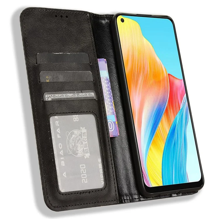 For Oppo A58 4G Wallet Phone Stand Case Retro PU Leather Anti-scratch Phone Cover - Black-Cellmalls