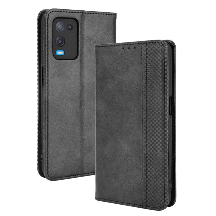 Magnetic Closure Vintage Style Phone Case Wallet Stand Leather Cover for Oppo A54 4G - Black-Cellmalls