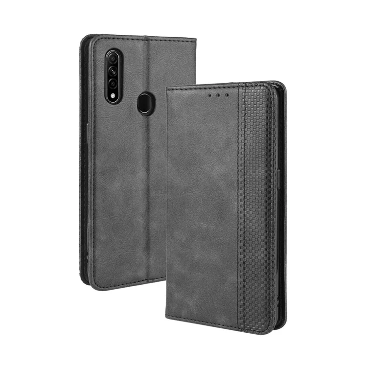 Vintage Style Leather Wallet Stand Phone Shell for Oppo A8/A31 (2020) - Black-Cellmalls